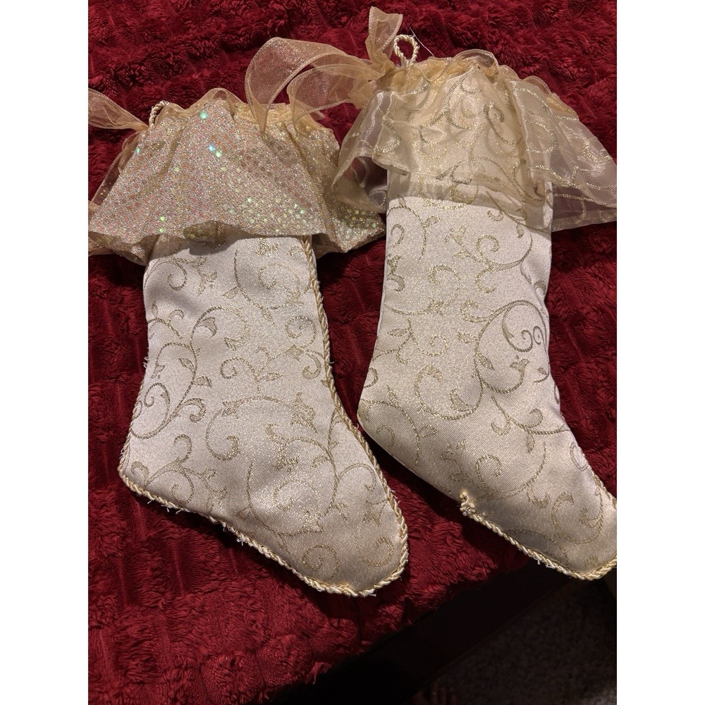 2 Handmade Damask Gold Christmas Stockings with Cording Ruffled Cuff Bow 15"